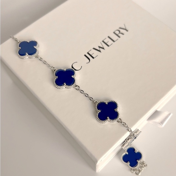 Last 3 🔥 Royal Blue Clover Bracelet Double Sided Silver Color Four Leaf - Picture 6 of 10